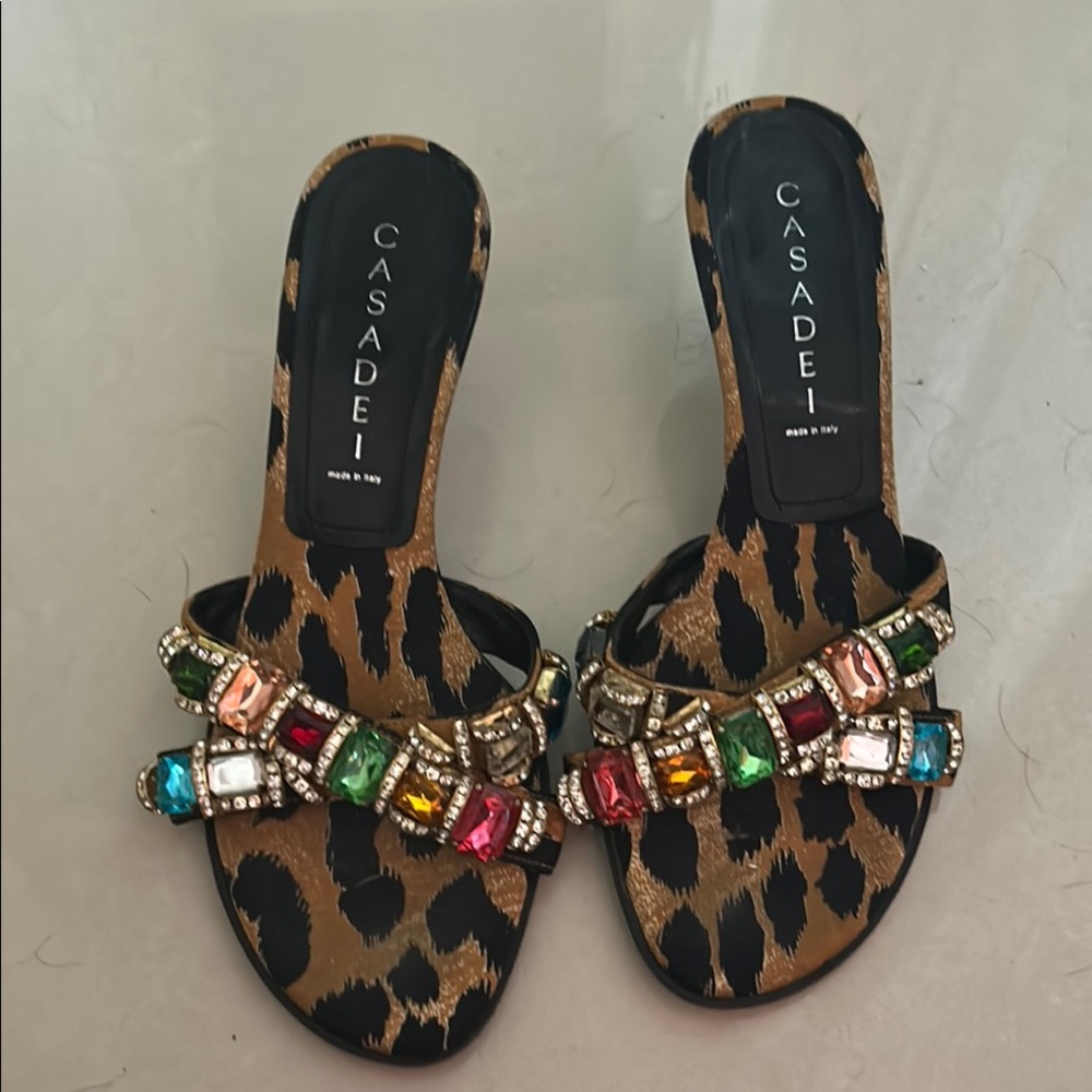 Casadei Animal Print Mules with Multicolor Jewel Accents